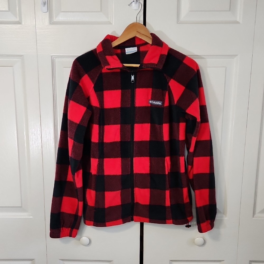 Columbia Womens Red & Black‎ Plaid/Checkered Full Zip Fleece Jacket Size Med